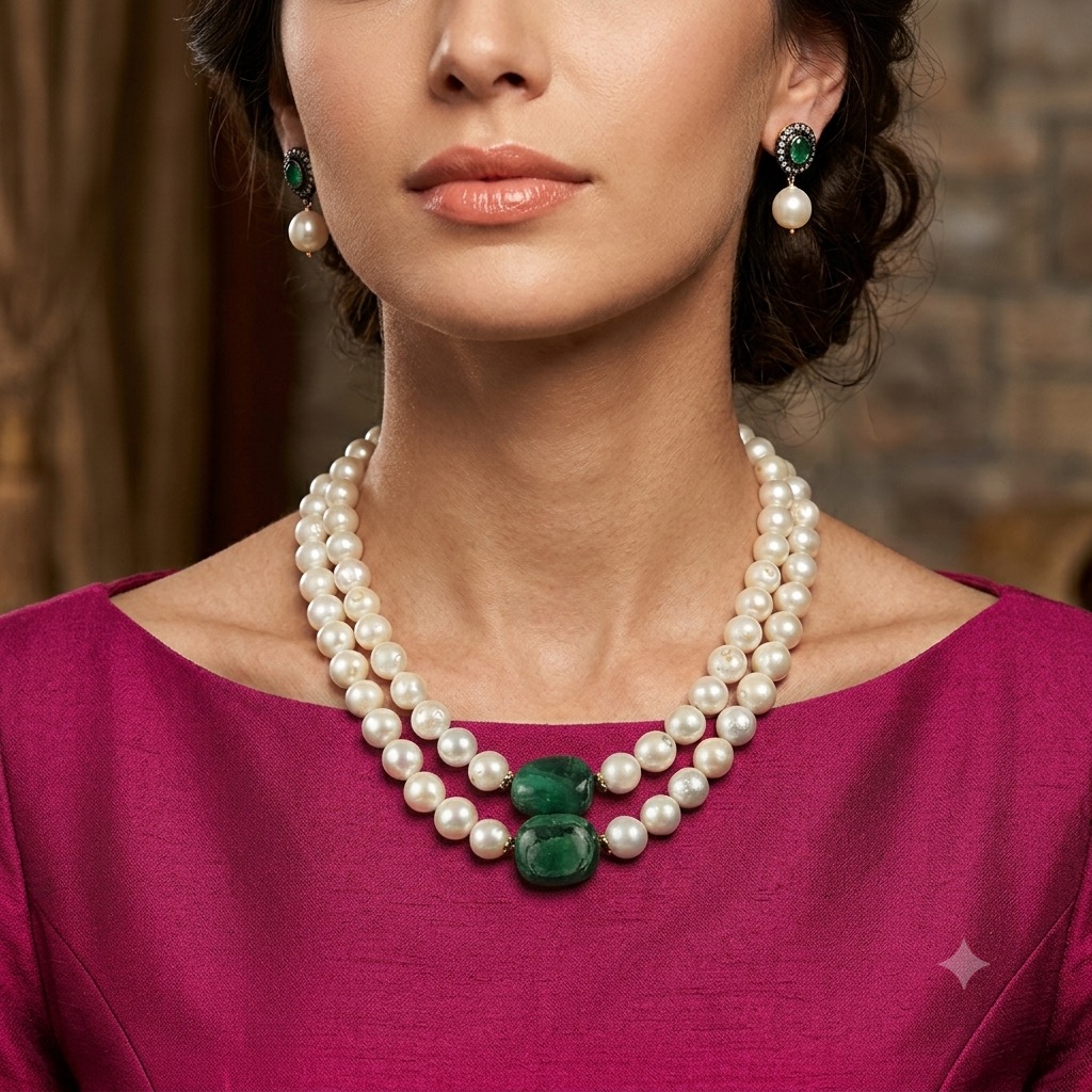 2 strand baroukh pearl necklace set with green jade beads