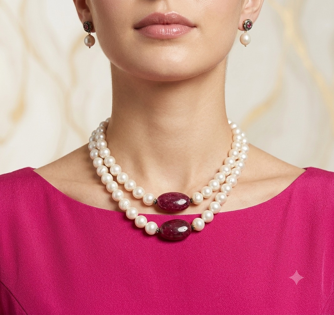 2 strand barouque pearl necklace set with red jade stone