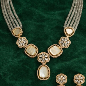 Designer long grey crystal necklace with mother of pearl & crystal pendant