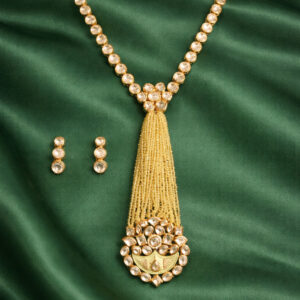 Long yellow crystal necklace set with kundan pendant