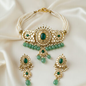 Kundan jadau handmade necklace set with cheed pearls