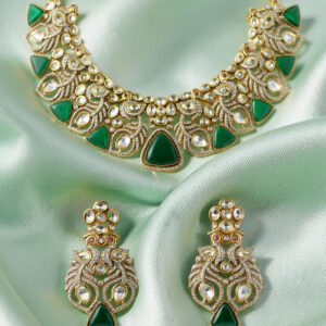 Antique finish necklace set with emerald green and AD stones