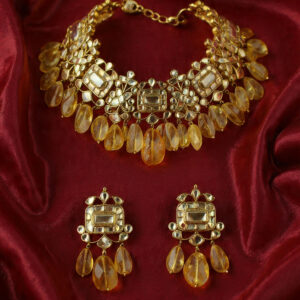 Kundan necklace set with yellow citrine drops