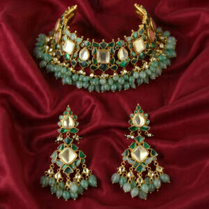 Handmade jadau necklace set with Kundan stone set in golden and green foil and with green quartz drops