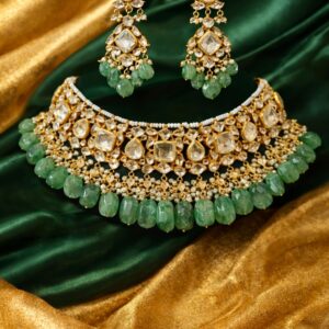 Kundan jadau handmade necklace set with green fluorite drops