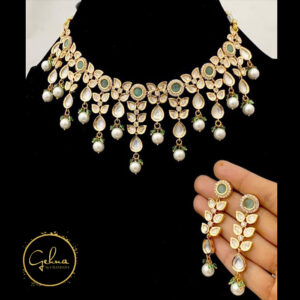 Rose gold necklace set with kundan and green stone