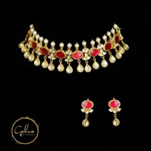 Kundan jadau handmade necklace set with red stone