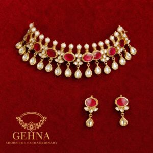 Kundan jadau handmade necklace set with red stone