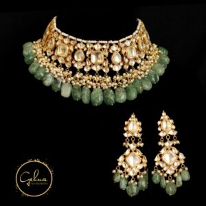 Kundan jadau handmade necklace set with green fluorite drops