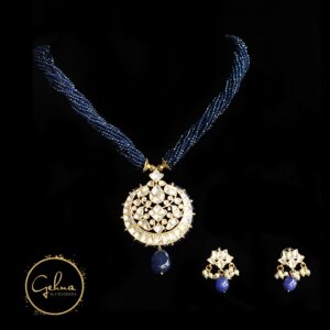 Dark blue quartz mala with kundan pendant set