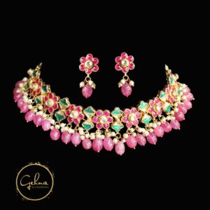 Semi precious pink spinel and emerald green stone studded necklace set with pink jade drops