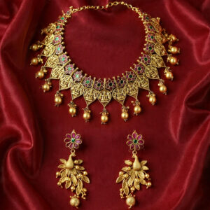 Temple necklace set with red & green stone