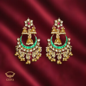 Polki kaan bali with green stones & gold balls drops