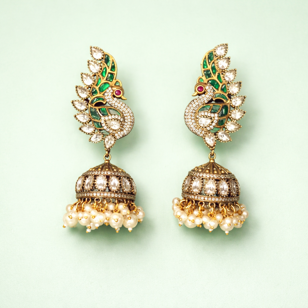 Victorian peacock earrings with polki