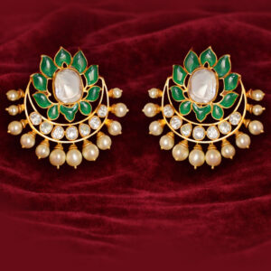 Kundan kaan bali with green stones & pearl drops