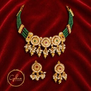 Green Kempu beads choker set with jadau and kundan pendant
