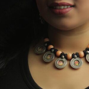 Hand crafted pure silver necklace with pendants of Lord Ganesha miniature paintings & pink quartz beads in a tassle