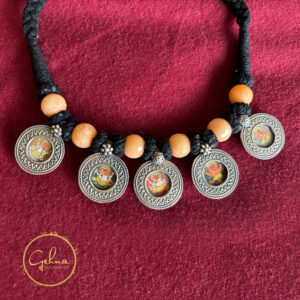 Hand crafted pure silver necklace with pendants of Lord Ganesha miniature paintings & pink quartz beads in a tassle