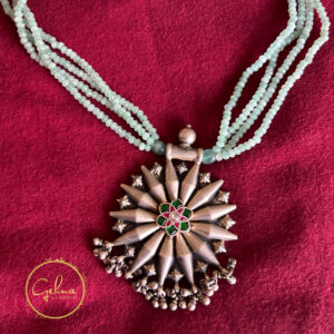 Green quartz mala with pure silver pendant