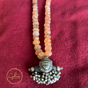 Semi precious rose quartz mala with pure silver Durga pendant