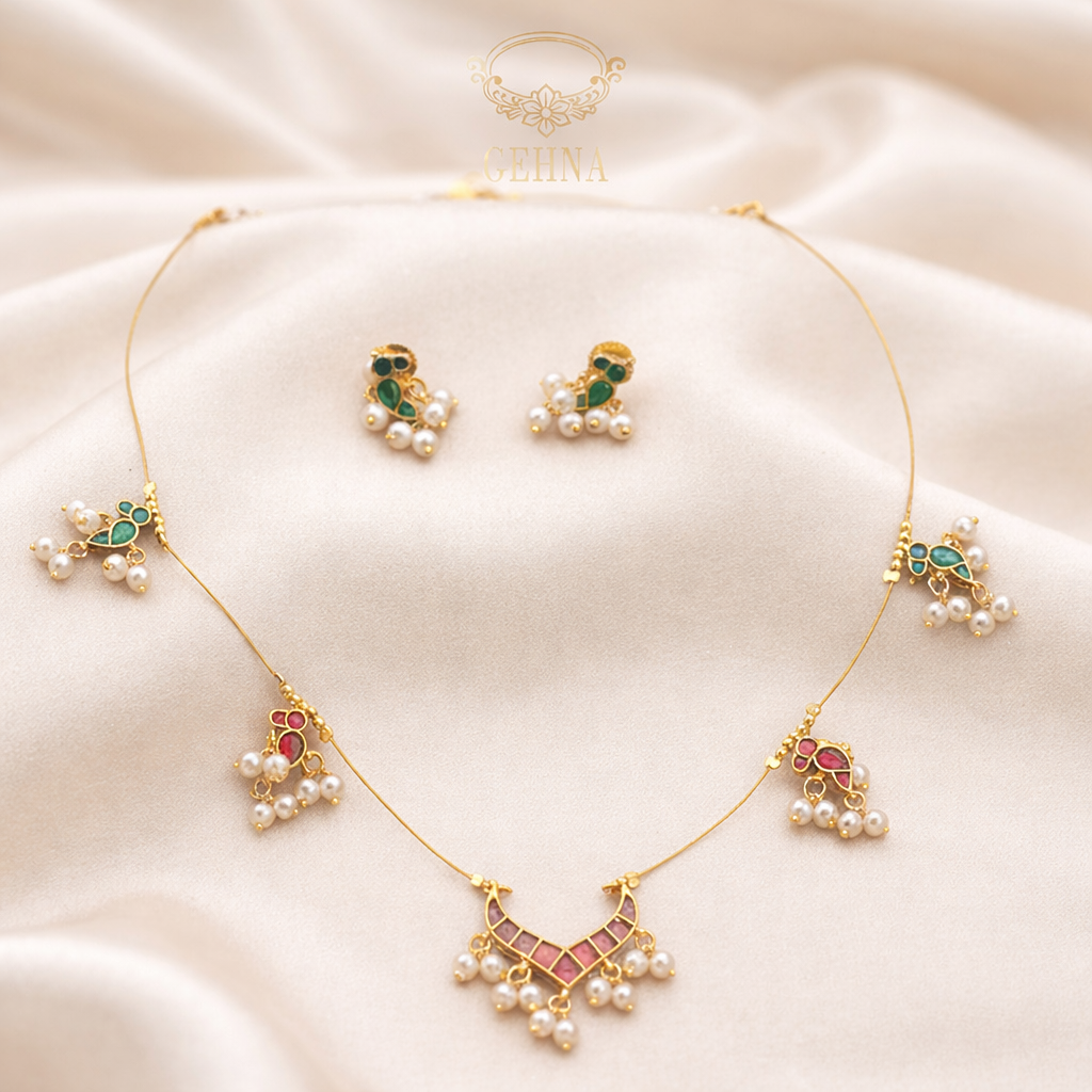 Invisible chain necklace set with jadau charm pendants