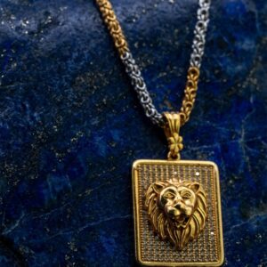 Two tone chain with square lion head medallion Pendant