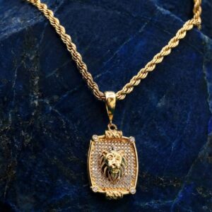 Lion head square medallion pendant with crystal accents on a golden chain for men