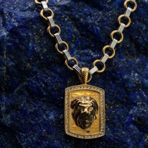 Two tone chain with square lion head medallion pendant for men