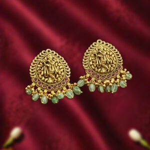 Antique gold temple earrings with green bead drops