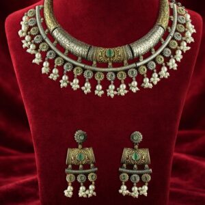Two tone oxidized hasuli necklace set with semi precious stones & pearl drops