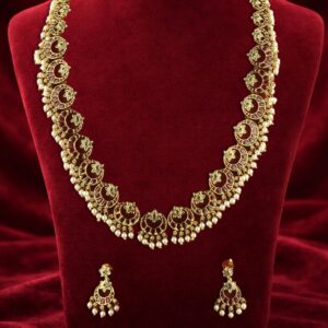 Gold plated pink cubic zirconia with pearl statement necklace set