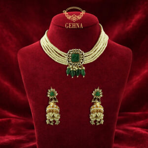 Pearl choker set with kundan & engraved quartz pendant