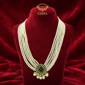 Multi string pearl necklace with kundan &  green quartz pendant