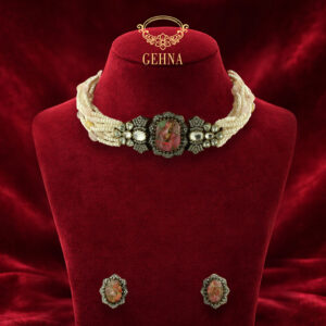 Seed pearl and rose quartz choker set with victorian pink doublet pendant