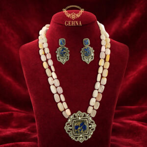 Rose quartz necklace set with victorian blue doublet pendant