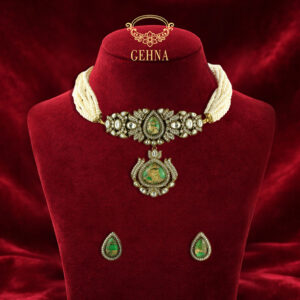 Pearl choker set with victorian green doublet pendant