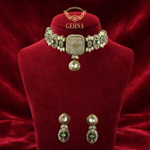 Victorian kundan & mother of pearl choker set with filigree work- Green