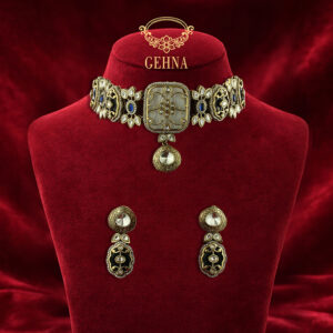 Victorian kundan & mother of pearl choker set with filigree work on blue