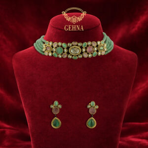 Victorian small green bati beads choker set with green jade pendant