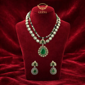 Antique finish moissanite & nava ratna stone necklace set with green quartz pendant