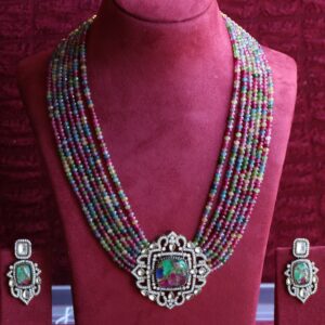 Multi colored semi precious bati beads pendant set with victorian doublet pendant