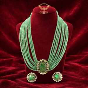 Handmade green jade beads necklace set with victorian green doublet pendant
