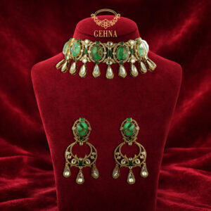 Green doublet and moissanite choker set with bali earrings