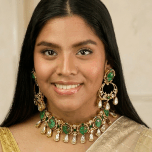 Green doublet and moissanite choker set with bali earrings