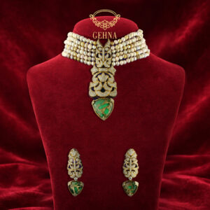 Real pearl choker set with moissanite and green doublet pendant