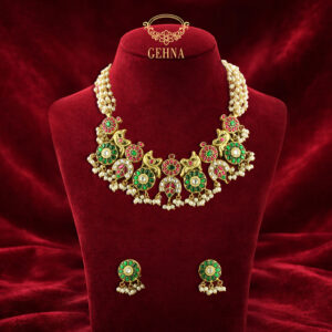 Handmade jadau pendant set with shell pearl strings