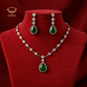 American diamond necklace set with emerald green doublet pendant