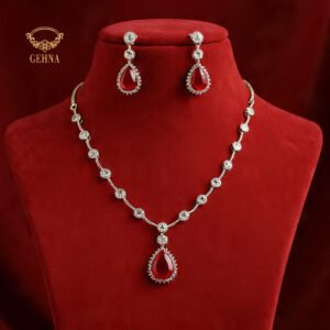 American diamond necklace set with ruby red tear drop pendant