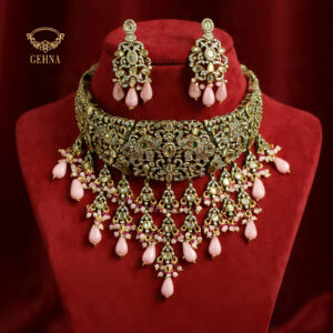 Marcasite choker set with rose quartz drops