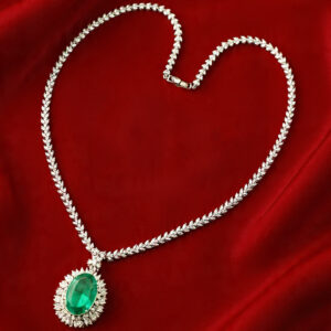 Long moissanite necklace with emerald green pendant